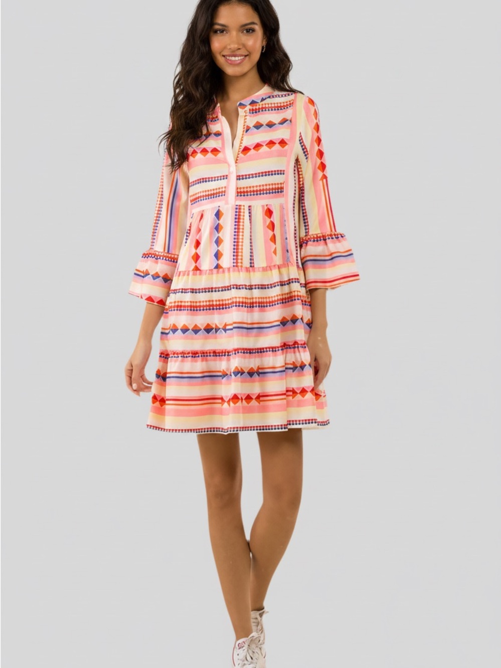 Printed Pink Multi-Stripe Tiered Long-Sleeve Dress
